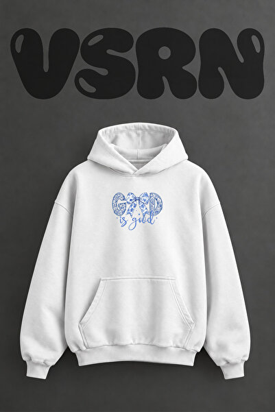 VSRN Hanorac alb supradimensionat cu glugă, cu imprimeu frontal, design Chino...