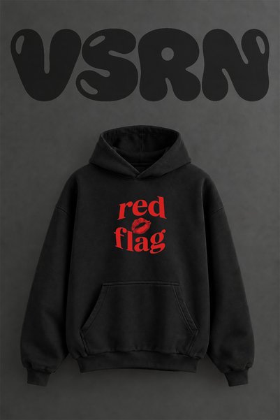VSRN سويت شيرت بقلنسوة أسود كبير الحجم بتصميم Red Flag Kiss مطبوع من الأمام