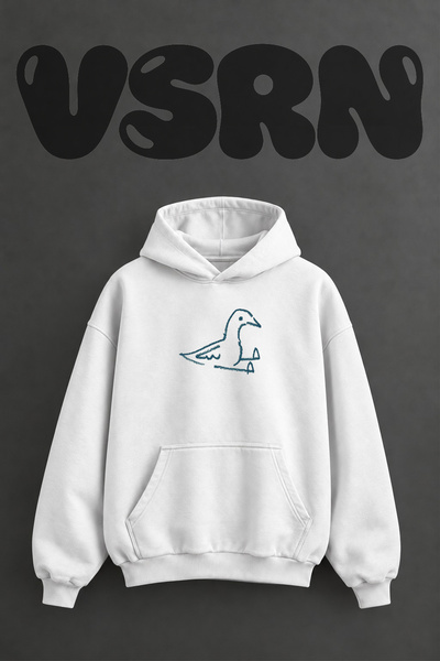 VSRN Ordek Cizim Design Pre-Printed Oversize White Hooded Sweatshirt