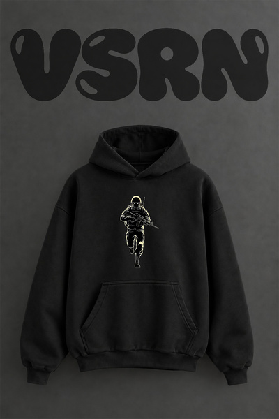 VSRN Hanorac negru supradimensionat cu glugă, cu imprimeu frontal, design Sol...