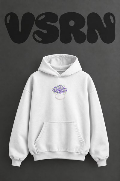 VSRN Pansy Pot Design Pre-Printed Oversize White Hooded Sweatshirt