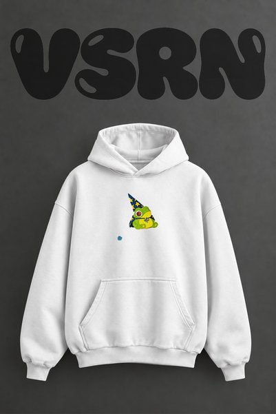 VSRN سويت شيرت أبيض كبير الحجم بقلنسوة وطباعة أمامية بتصميم Wizard Frog