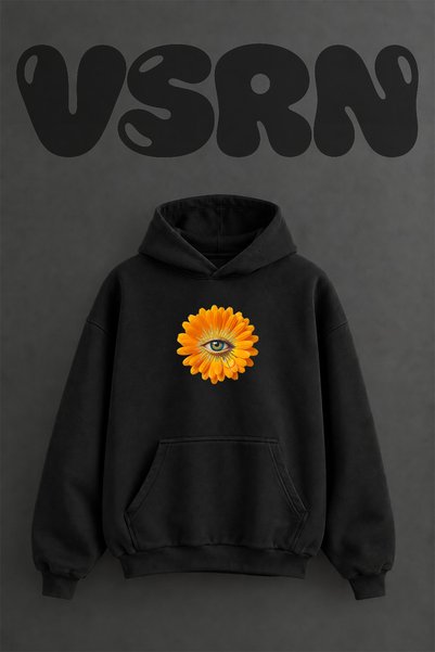 VSRN سويت شيرت بقلنسوة أسود كبير الحجم مطبوع من الأمام بتصميم Flower Providen...