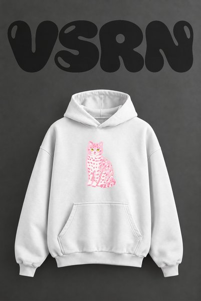 VSRN سويت شيرت أبيض كبير الحجم بقلنسوة وطباعة أمامية بتصميم Pink Cat