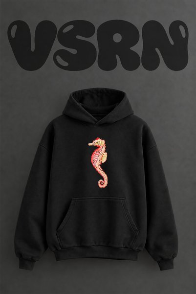 VSRN سويت شيرت أسود كبير الحجم بقلنسوة وطباعة أمامية بتصميم Seahorse