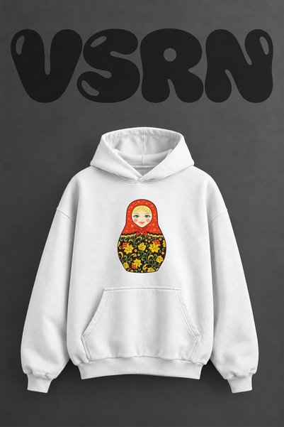 VSRN Matryoshka Doll Design Pre-Printed Oversize White Hooded Sweatshirt