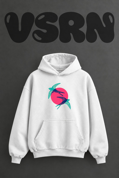 VSRN سويت شيرت أبيض كبير الحجم بقلنسوة وطباعة أمامية بتصميم Swallows Sunset
