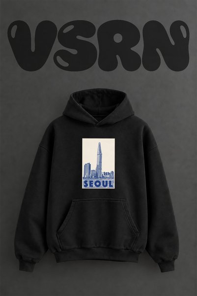 VSRN سويت شيرت بقلنسوة أسود كبير الحجم مطبوع من الأمام بتصميم لوتي وورلد تاور