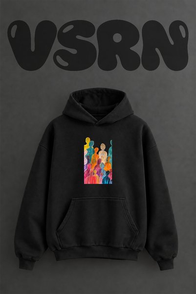 VSRN Abstract Crowd Design Pre-Printed Oversize Black Hooded Sweatshirt