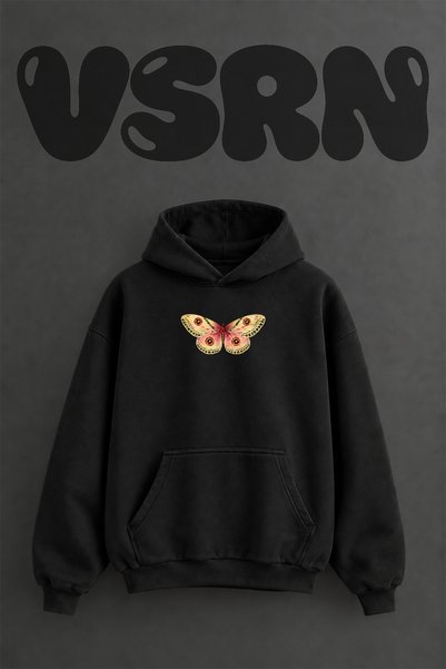 VSRN سويت شيرت أسود كبير الحجم بقلنسوة مطبوع عليه تصميم Watercolor Moth