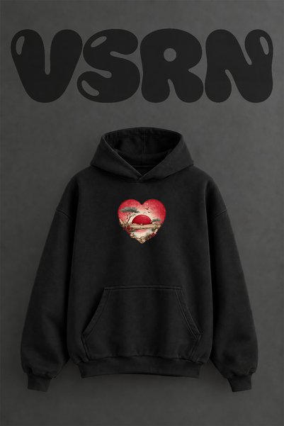 VSRN سويت شيرت بقلنسوة أسود كبير الحجم بتصميم Heart Breaks and Fails مطبوع من...