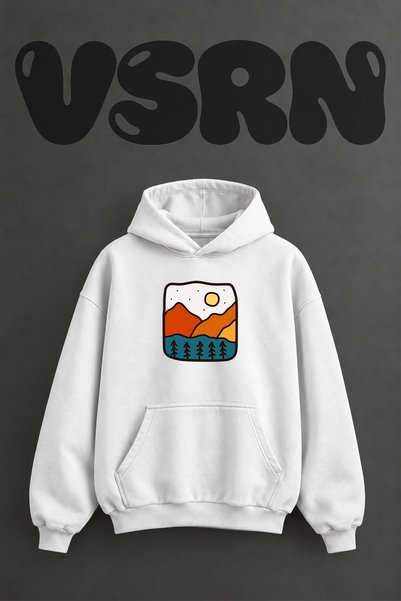VSRN Mountain Lake Forest Design Pre-Printed Oversize White Hooded Sweatshirt