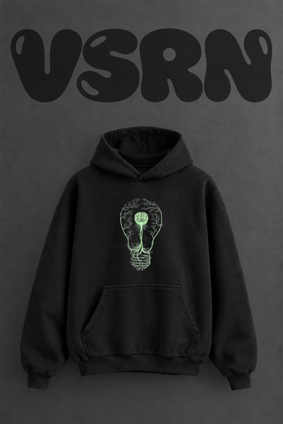VSRN Hanorac negru supradimensionat cu glugă, imprimat frontal, cu design Bra...