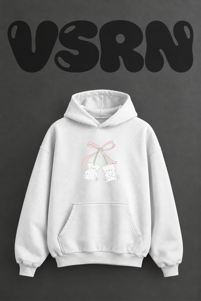 VSRN سويت شيرت أبيض كبير الحجم بقلنسوة وتصميم شريط مطبوع من الأمام من Ayicik