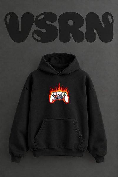 VSRN سترة بقلنسوة سوداء كبيرة الحجم بتصميم Fire Design مطبوعة مسبقًا