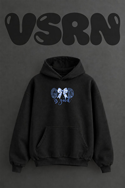 VSRN Hanorac negru supradimensionat cu glugă, cu imprimeu frontal, design Chi...
