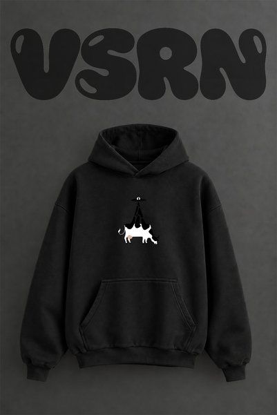 VSRN Ufo Eiffel Cow Design Pre-Printed Oversize Black Hooded Sweatshirt