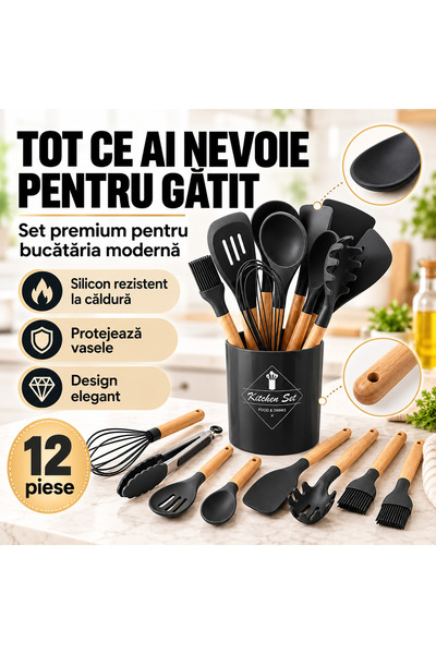 iTin Set ustensile bucatarie 12 piese, silicon termorezistent, maner lemn, Negru