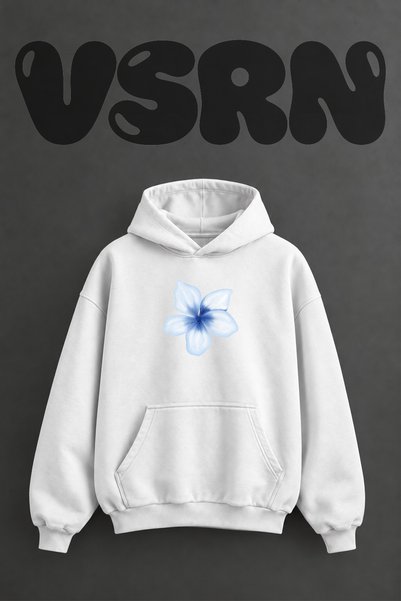 VSRN Blue Flower Design Front Printed Oversize White Hooded Sweatshirt