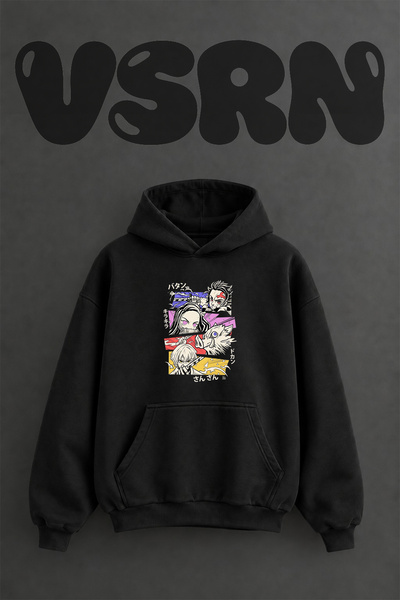 VSRN Demon Slayer Design Pre-Printed Oversize Black Hooded Sweatshirt
