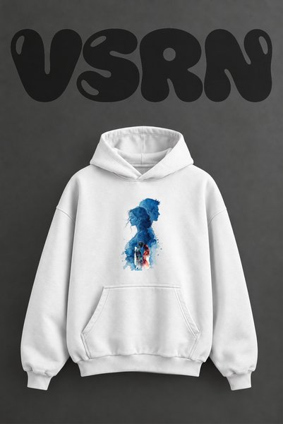 VSRN Couple Watercolor Design Pre-Printed Oversize White Hooded Sweatshirt