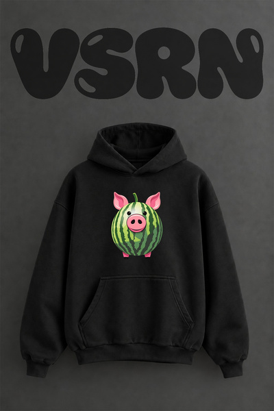 VSRN سويت شيرت أسود كبير الحجم بقلنسوة وطباعة أمامية بتصميم Watermelon Pig