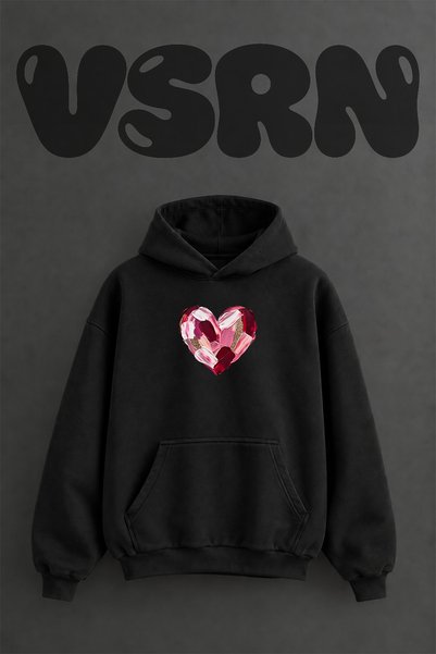 VSRN Hanorac negru supradimensionat cu glugă, cu imprimeu frontal, cu design ...