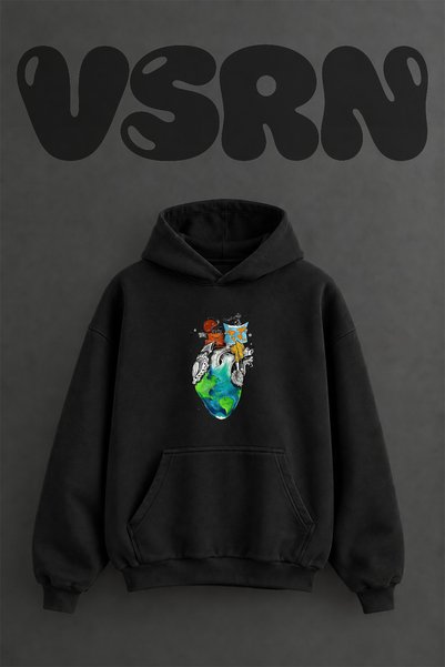 VSRN Earth Heart Travel Design Pre-Printed Oversize Black Hooded Sweatshirt