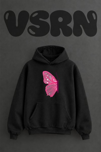 VSRN سويت شيرت بقلنسوة باللون الأسود بتصميم Pink Butterfly_1 مطبوع مسبقًا