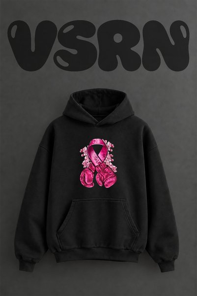 VSRN Hanorac negru supradimensionat cu glugă, cu imprimeu frontal, design Box.