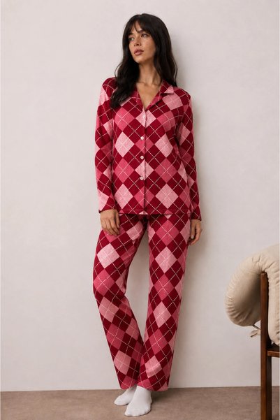 bysocafashion Women's Red Buttoned Winter Home Pajama Set