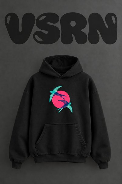 VSRN Swallows Sunset Design Pre-Printed Oversize Black Hooded Sweatshirt
