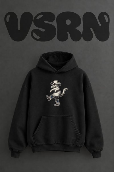 VSRN Starry Cowboy Cat Design Pre-Printed Oversize Black Hooded Sweatshirt