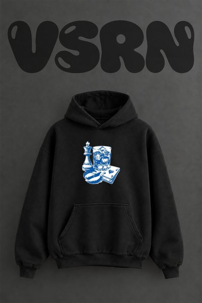 VSRN Hanorac negru supradimensionat cu glugă, cu imprimeu frontal, cu design ...