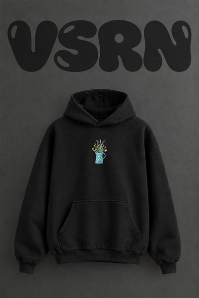 VSRN سويت شيرت بقلنسوة أسود كبير الحجم بتصميم مطبوع مسبقًا من Cicek Vaso