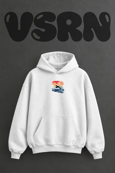 VSRN Orca Design Front Printed Oversize White Hooded Sweatshirt