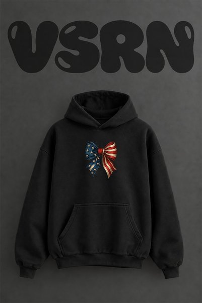 VSRN سترة بقلنسوة سوداء كبيرة الحجم بتصميم فيونكة على شكل العلم الأمريكي مطبو...