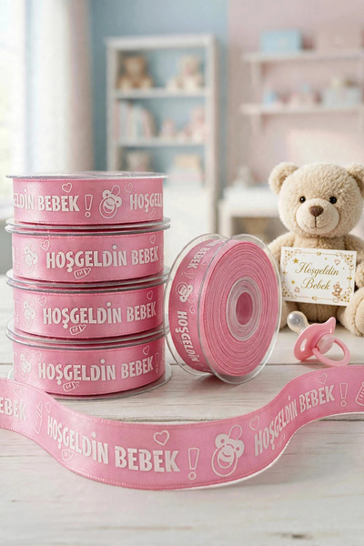 Ak Tuhafiye Pink Welcome Baby Printed Satin Ribbon 2.5 cm Width X 10 Meters B...