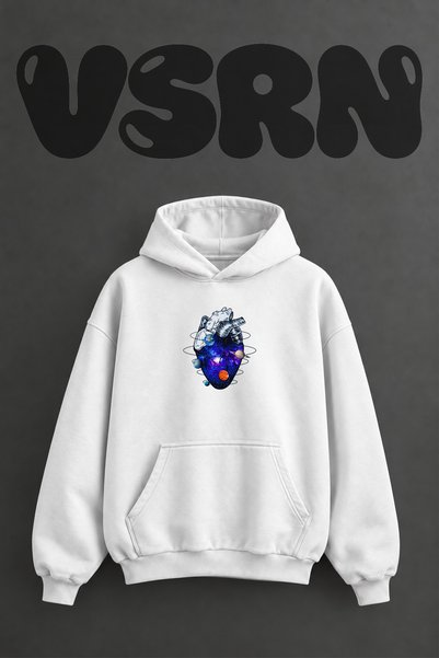 VSRN سويت شيرت أبيض كبير الحجم بقلنسوة وطباعة أمامية بتصميم مساحة القلب التشريحي