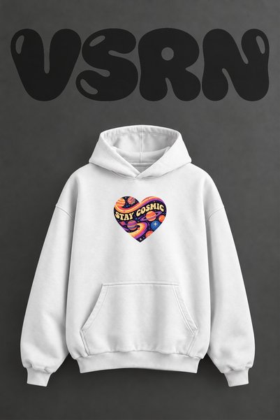 VSRN سويت شيرت أبيض كبير الحجم بطباعة أمامية بتصميم Cosmic Heart
