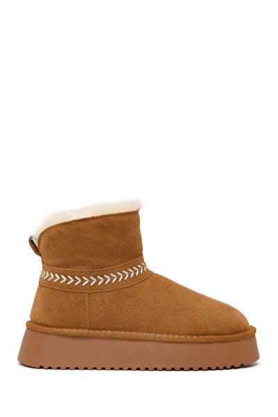 Derimod Women's Camel Thick-Soled Suede Leather Teddy Boots Wf530039Ds