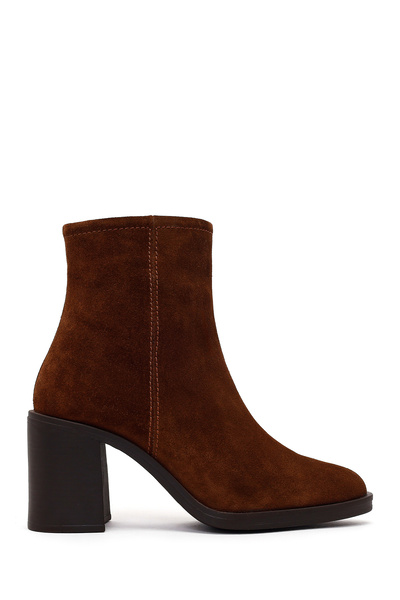 Derimod Women's Walnut Zippered Thick Heeled Suede Leather Boots Wf210013Ds