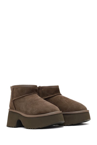 Derimod Women's Mink Thick Soled Suede Leather Teddy Boots Wf530016Ds