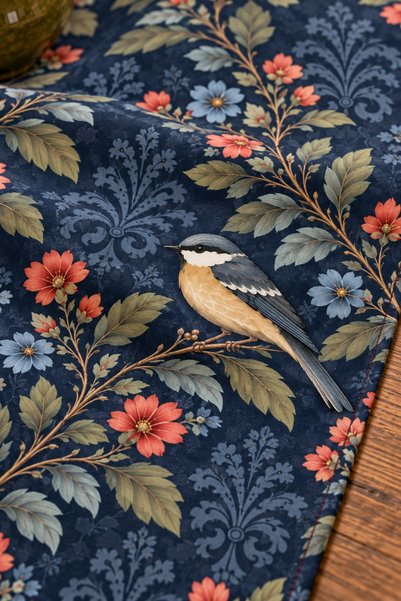 SasoHome Midnight Garden Kuş & Çiçek Desenli Lacivert Dekoratif Masa Runner | Vintage Botanik Şık Sofra Dekoru