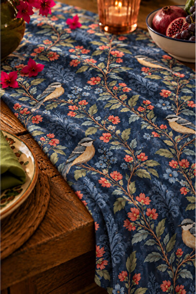 SasoHome Midnight Garden Kuş & Çiçek Desenli Lacivert Dekoratif Masa Runner | Vintage Botanik Şık Sofra Dekoru