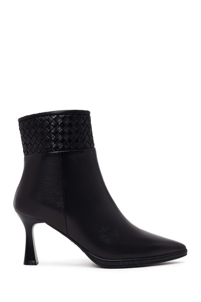 Derimod Women's Black Zippered Braided Thin Heeled Leather Boots Af530015Dv