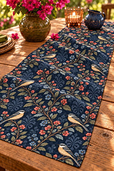 SasoHome Midnight Garden Kuş & Çiçek Desenli Lacivert Dekoratif Masa Runner | Vintage Botanik Şık Sofra Dekoru