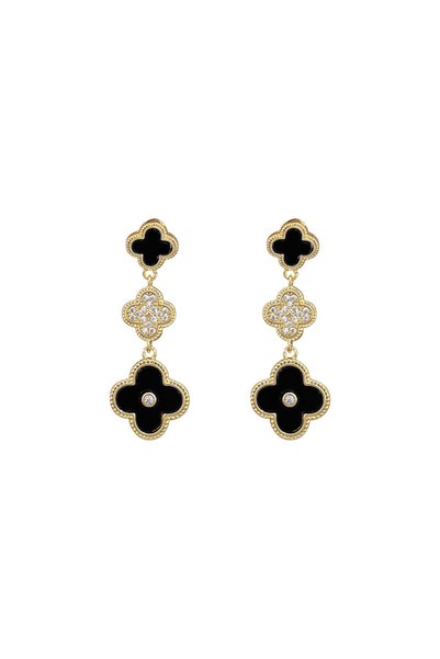 Alviro Cercei de damă lungi, cu trifoi negru și cristale decorative, aurii, 4 cm