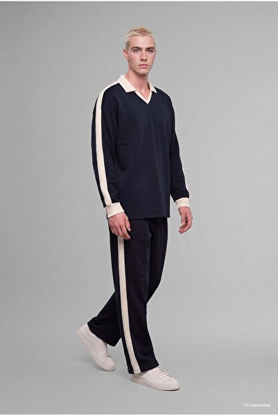 DeFacto Boxy Fit Stripe Detailed Polo Collar Basic Sweatshirt H9861Ax26Wn