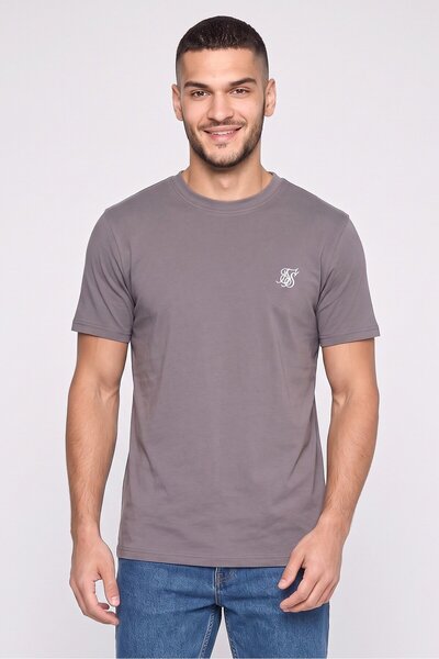 Siksilk Men Crew Neck Short Sleeve Embroidered Logo T-Shirt, Dark Grey